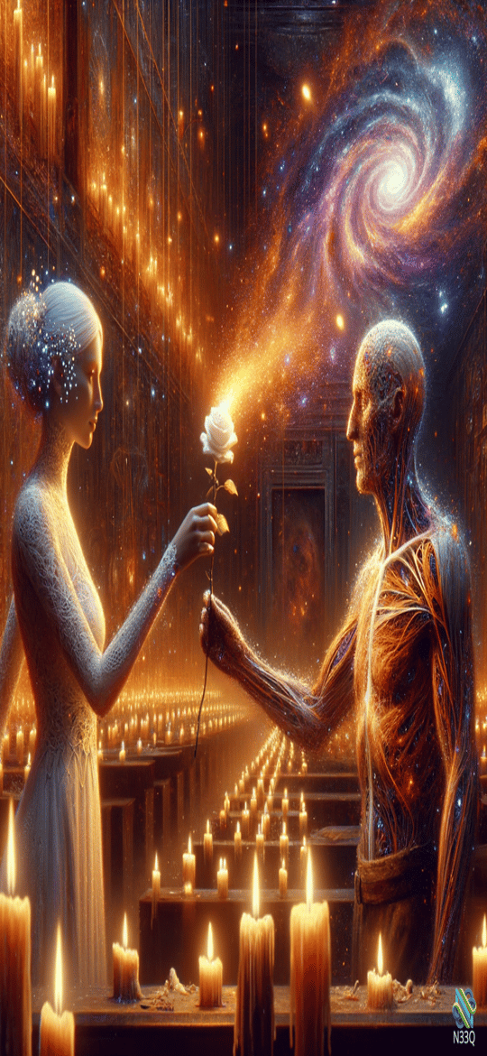 Woman Offering White Rose to Anatomical Man