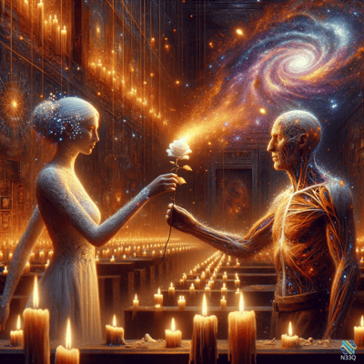 Woman Offering White Rose to Anatomical Man