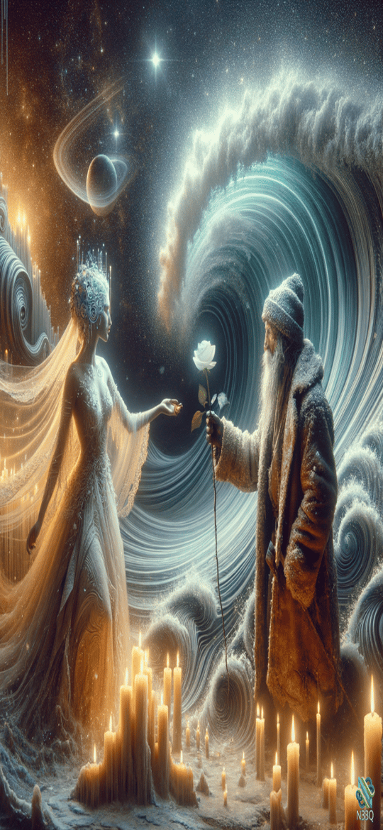 Crystal Woman Receives White Rose from Bearded Man