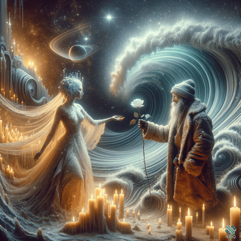 Crystal Woman Receives White Rose from Bearded Man