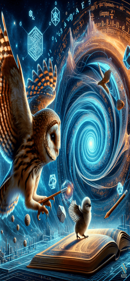 Owl Wizard and Chick Over Open Book