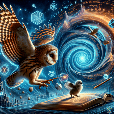 Owl Wizard and Chick Over Open Book