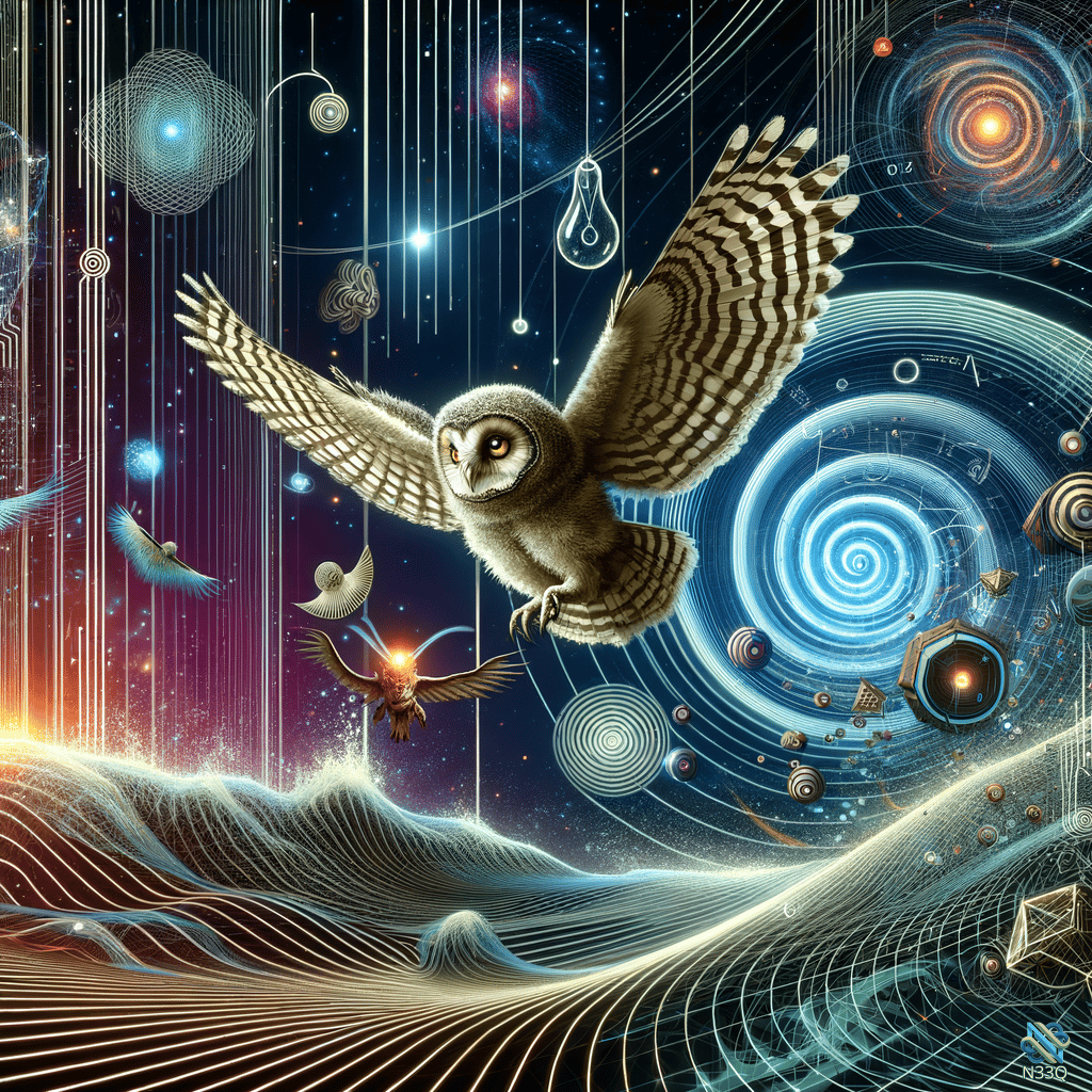 Owl Soaring Through Cosmic Spiral Waves