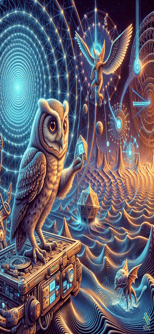 Owl DJ on Cosmic Turntable with Flying Creature