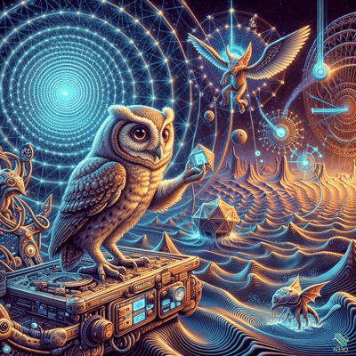 Owl DJ on Cosmic Turntable with Flying Creature