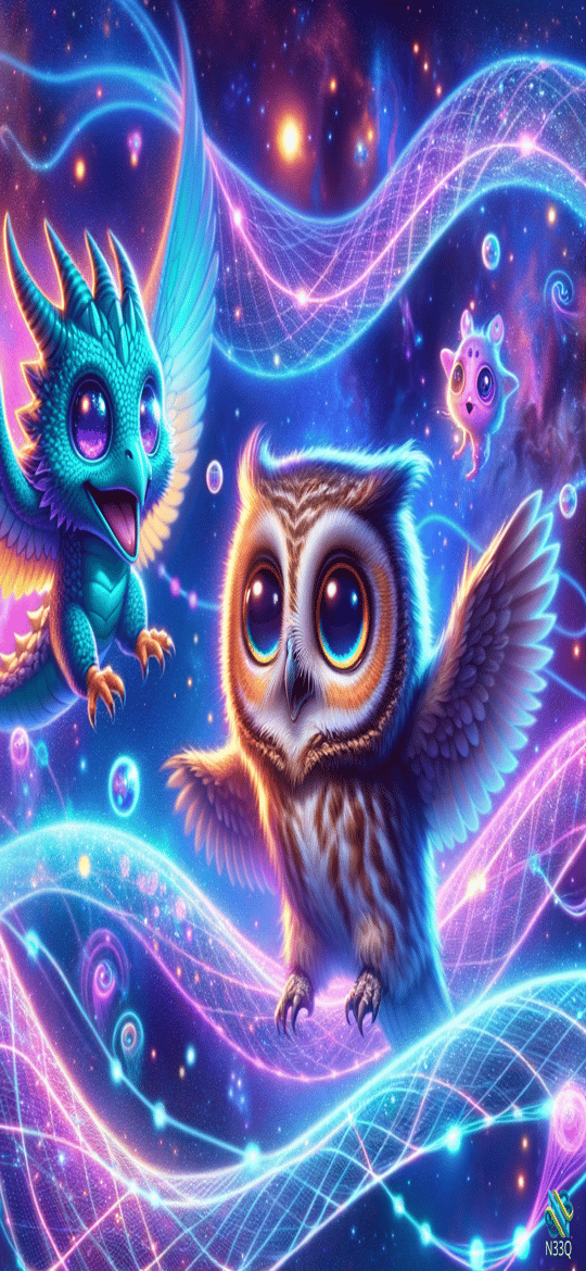 Cosmic Owl and Teal Dragon in Nebula