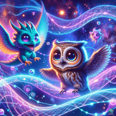 Cosmic Owl and Teal Dragon in Nebula