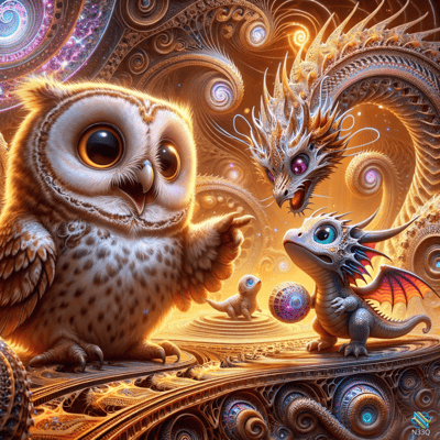 Wise Owl Gesturing to Baby Dragons in Golden Realm
