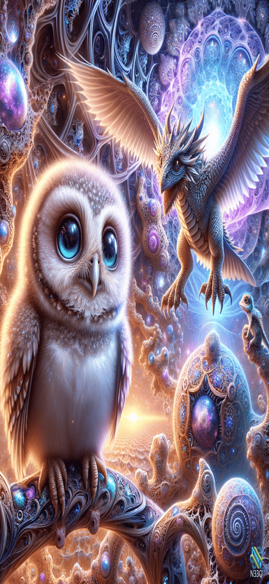 Owl and Cosmic Dragon in Fractal Realm
