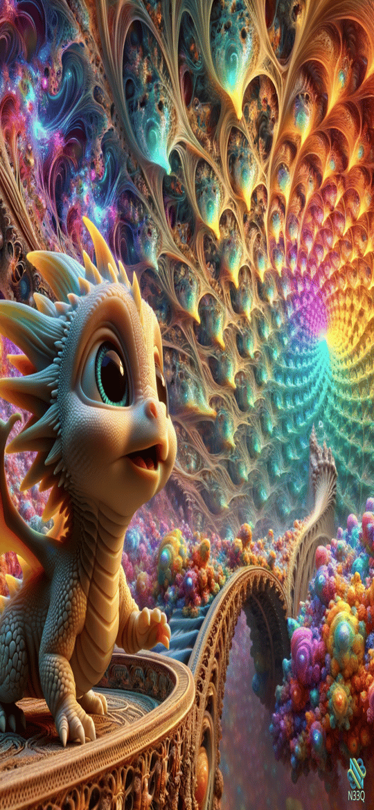 Baby Dragon in Rainbow Fractal Tunnel