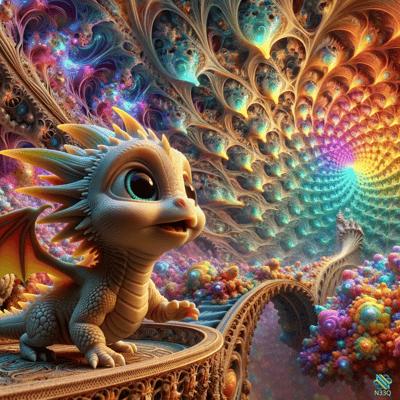 Baby Dragon in Rainbow Fractal Tunnel