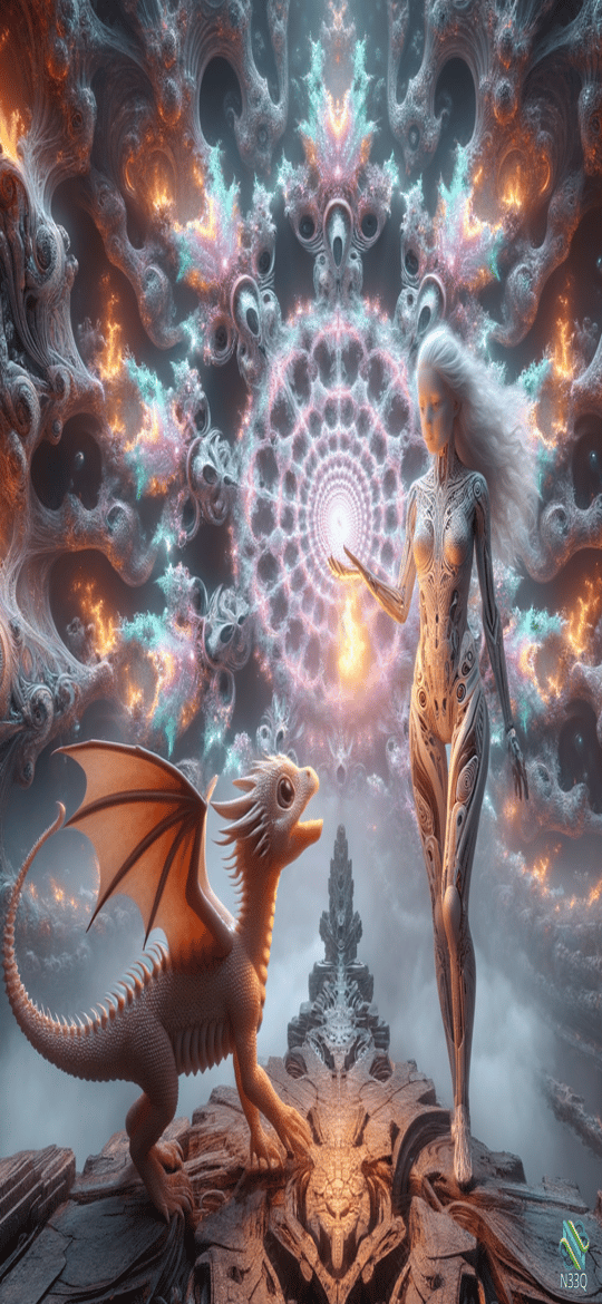 Woman and Dragon in Fractal Portal