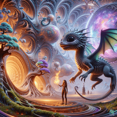 Woman and Dragon in Cosmic Fractal Realm