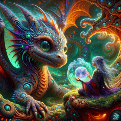 Dragon and Sorceress with Glowing Orb