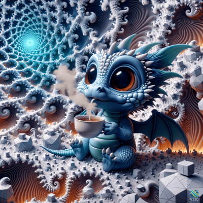 Cute Blue Dragon Sipping Coffee in Fractals