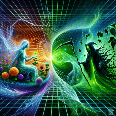 Ethereal Goddess Facing Grim Reaper in Neon Grid