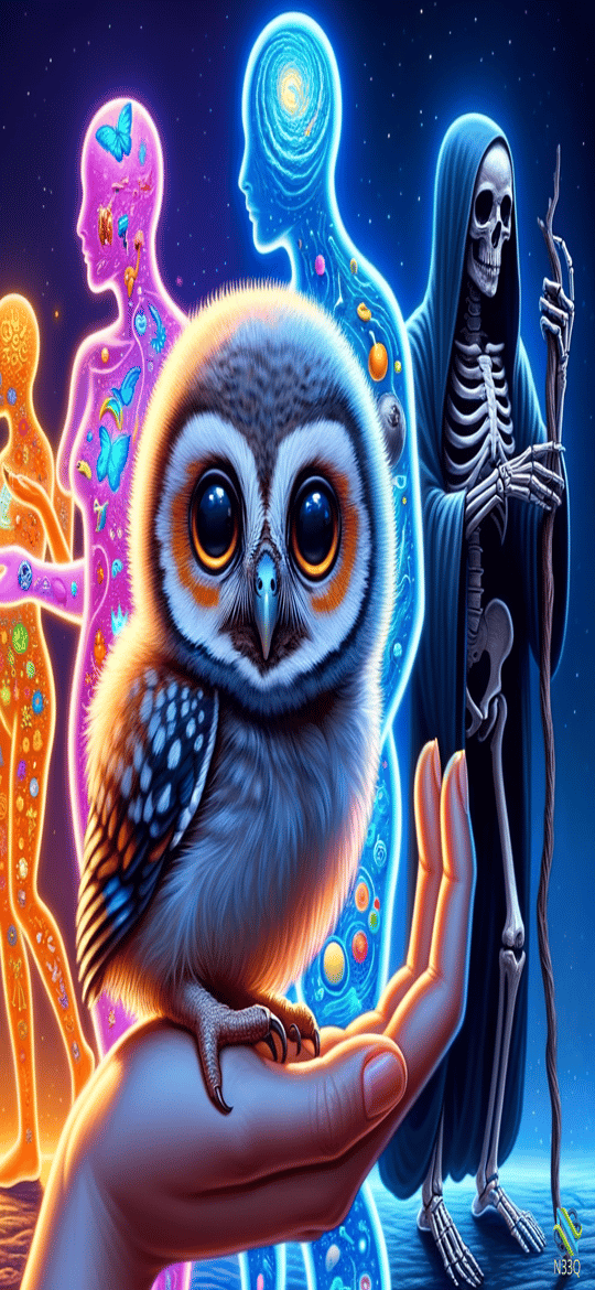 Owl Perched on Hand with Cosmic Figures