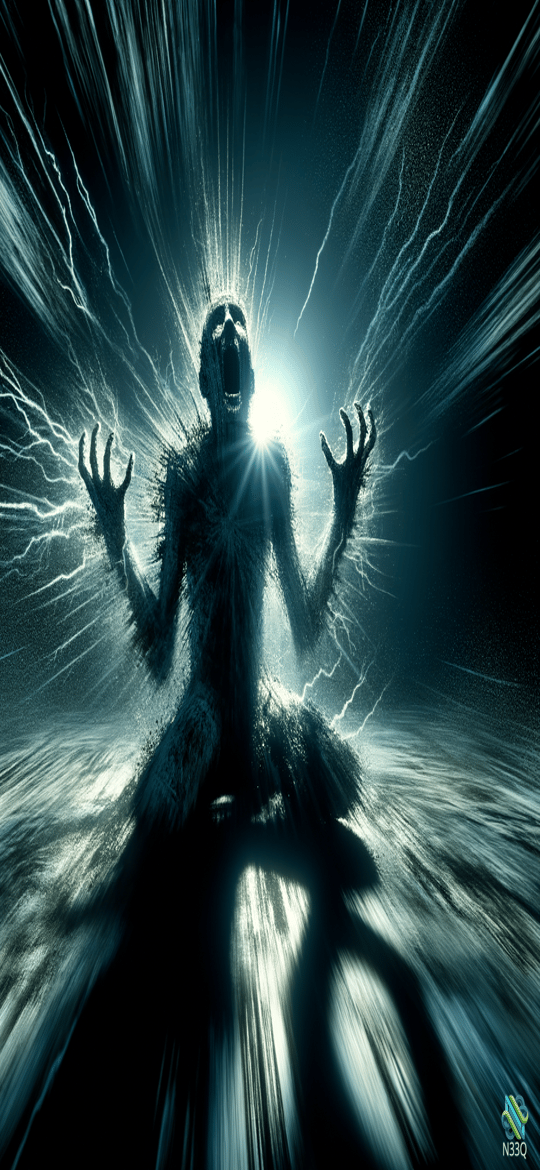 Screaming Figure Amidst Radiating Lightning Bolts