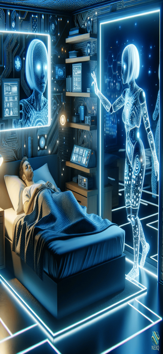 Man Asleep in Futuristic Neon Bedroom