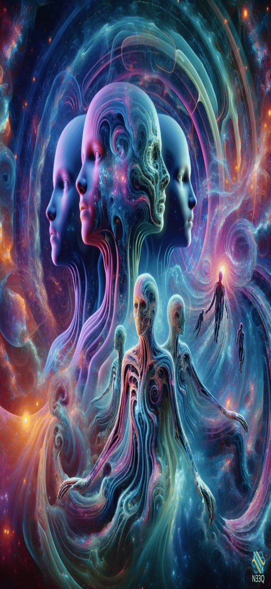 Ethereal Figures in Cosmic Nebula Swirl