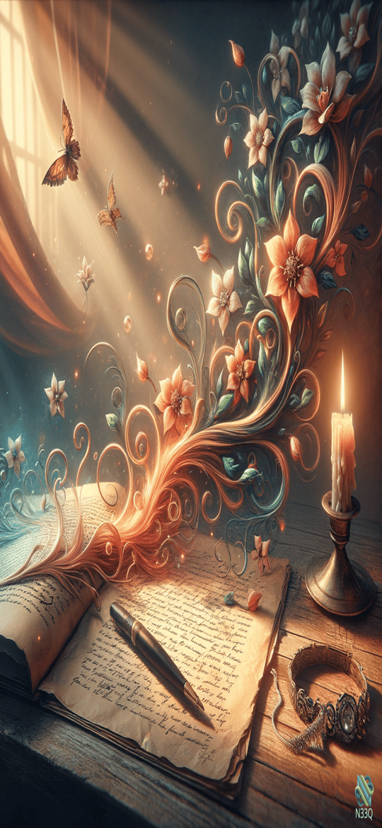 Open Book with Magical Floral Swirls and Candle