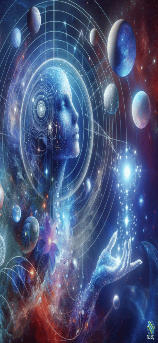 Ethereal Figure Among Orbiting Planets and Stars