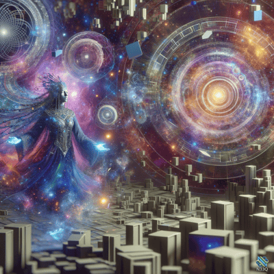 Cosmic Woman Over Voxel Futuristic City