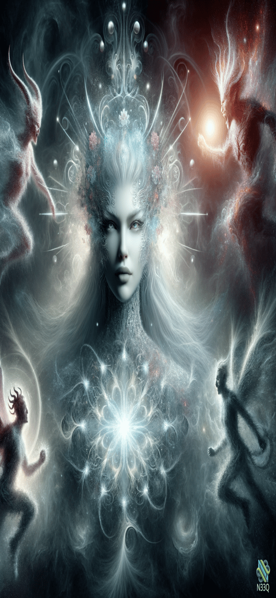 Ethereal Goddess Surrounded by Mythical Beings