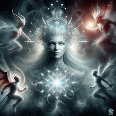 Ethereal Goddess Surrounded by Mythical Beings