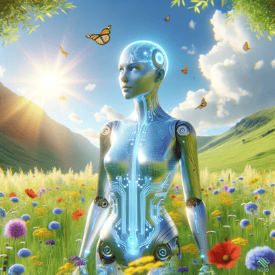 Glowing Blue Cyborg in Wildflower Meadow