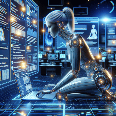 Cyborg Woman Kneeling at Laptop in Control Room