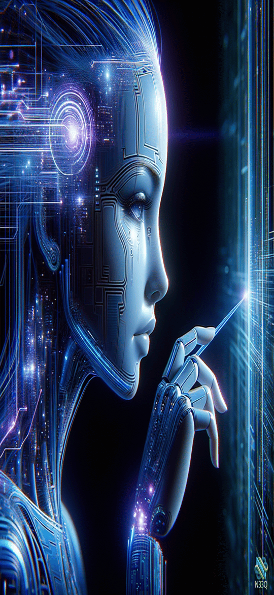 Cyborg Woman Touching Glowing Digital Interface