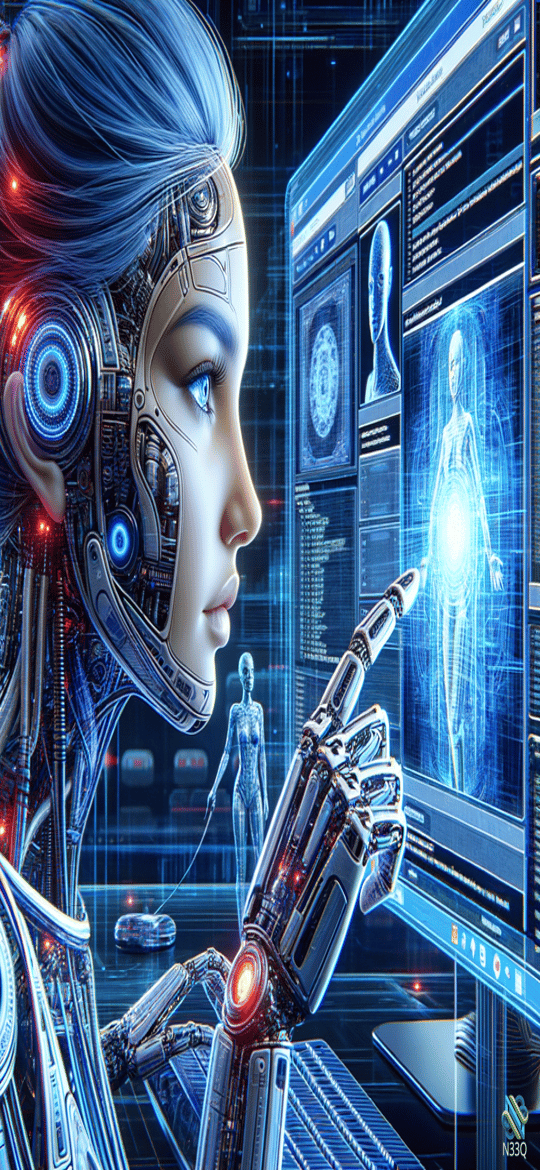 Cyborg Woman Pointing at Holographic Display
