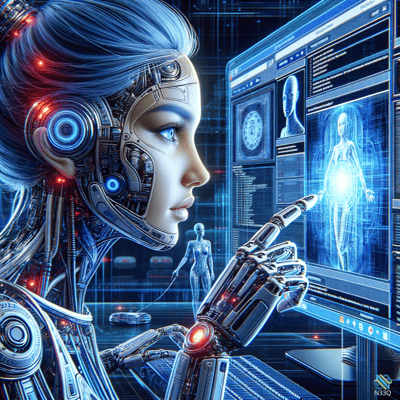 Cyborg Woman Pointing at Holographic Display