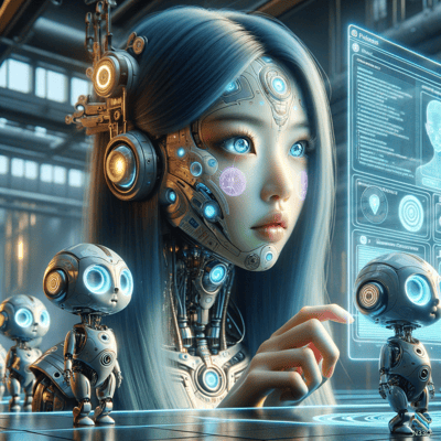 Cyborg Woman Reaching for Tiny Robots