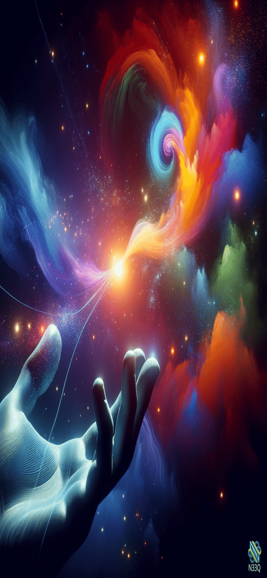 Hand Reaching Into Swirling Cosmic Nebula