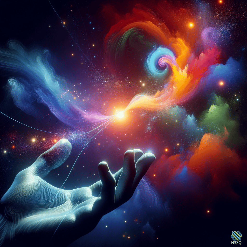 Hand Reaching Into Swirling Cosmic Nebula