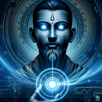 Blue Mystic Holding Glowing Energy Orb