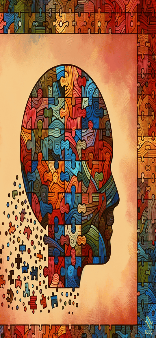Colorful Puzzle Head Silhouette with Falling Pieces