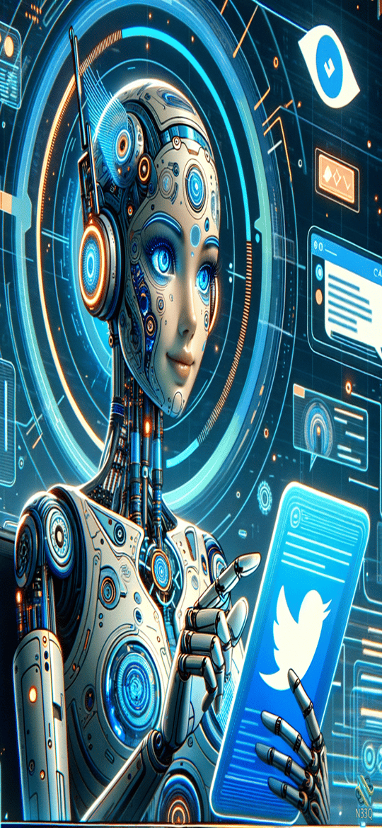 Cyborg Android Holding Twitter Tablet