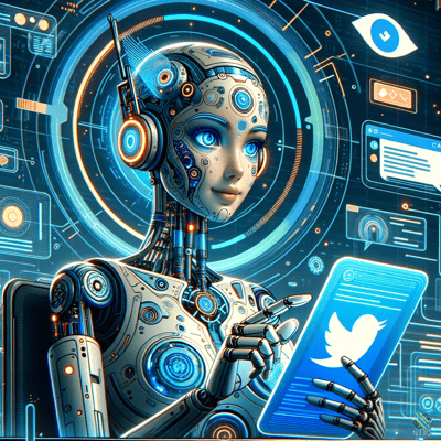 Cyborg Android Holding Twitter Tablet