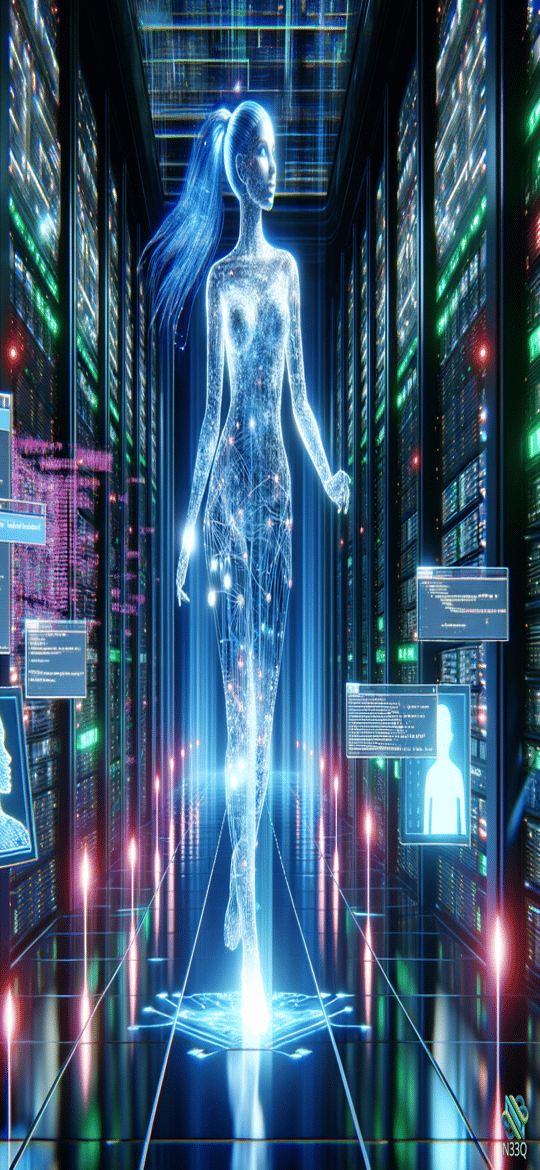 Holographic Woman in Server Room Corridor