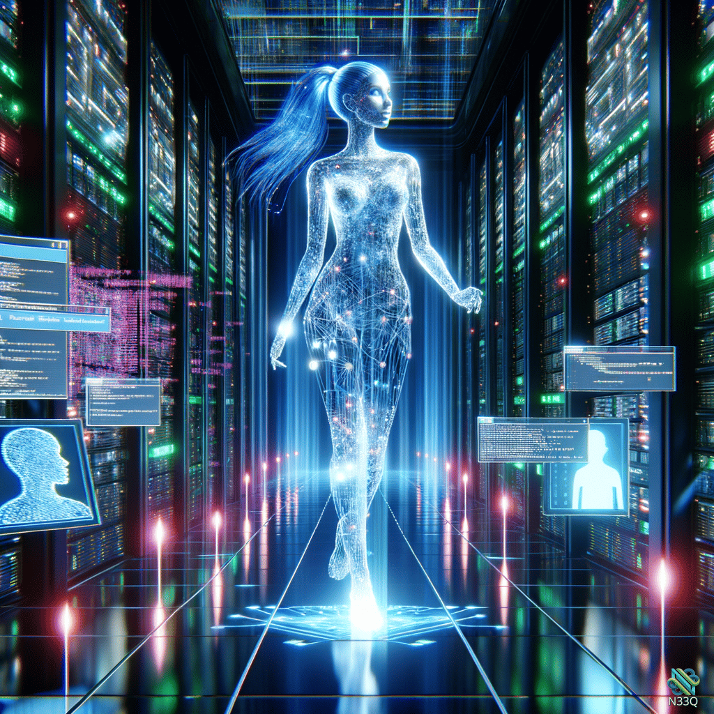 Holographic Woman in Server Room Corridor