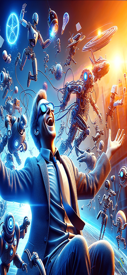Joyful Man Surrounded by Flying Robots