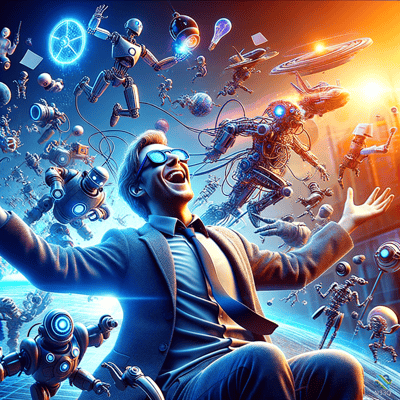 Joyful Man Surrounded by Flying Robots