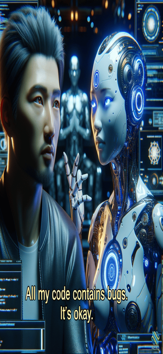 Man Facing Blue-Eyed Female Android in Lab