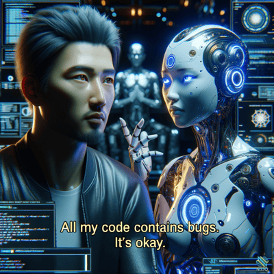 Man Facing Blue-Eyed Female Android in Lab