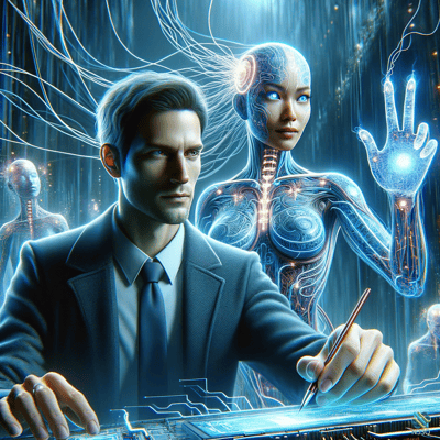 Businessman with Holographic Female Cyborg