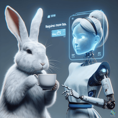 White Rabbit Offering Tea to Robot