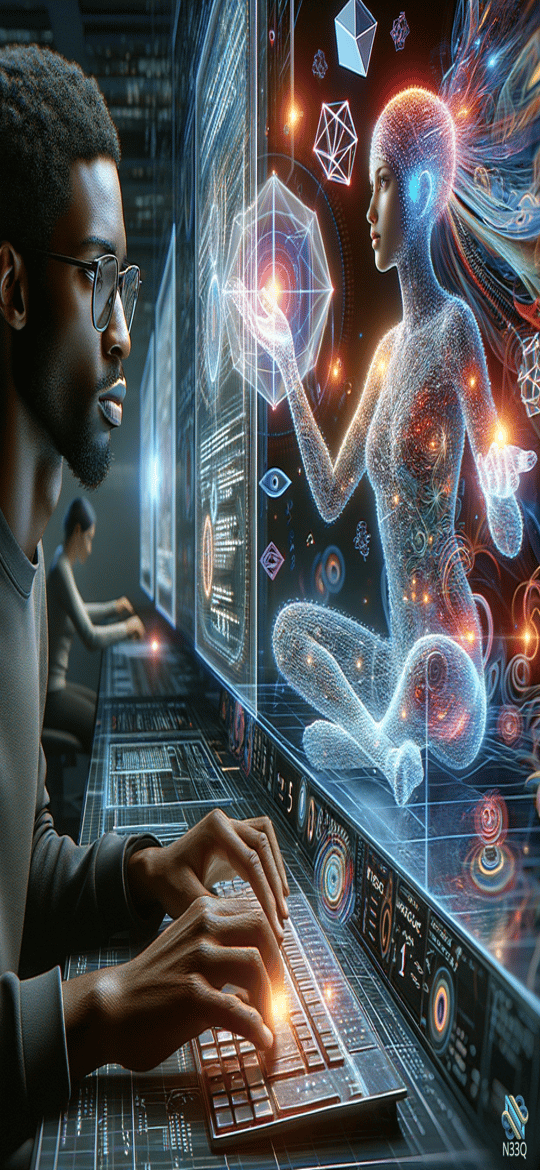 Man Operating Holographic Digital Female Figure